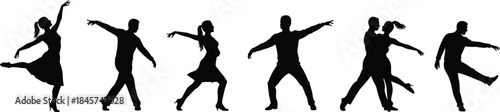 Silhouette of dancing people, man and woman performing, energetic dance poses, expressive movements, ballroom and modern style, isolated on white background, dance motion collection.