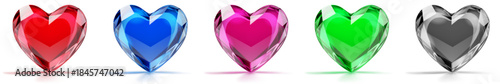 Five heart-shaped gems with bright colors and sharp facets, casting subtle shadows on white background.
