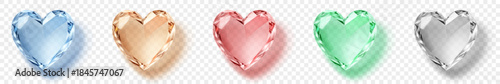 Translucent hearts in various colors with faceted surfaces and soft shadows on a transparent background. Transparency only in vector format.