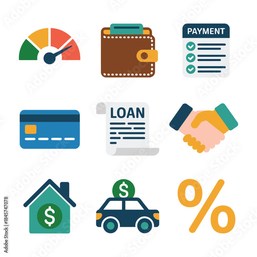 Payment loan and credit management icon collection with wallet percentage calendar car flat vector illustration design set assets