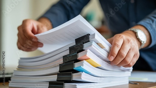 A person's hands are sorting through a large stack of documents held together by binder clips.