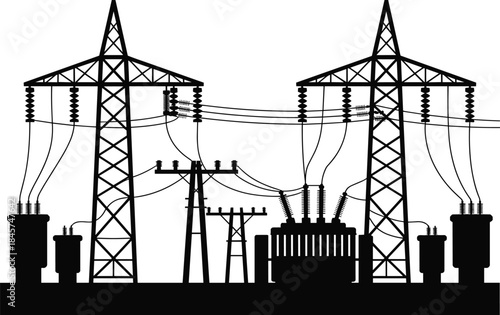 Silhouette of electric power transmission towers, electrical substation equipment, high voltage power lines, industrial energy infrastructure, electricity distribution network, electrical engineering