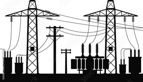 Silhouette of electrical power transmission towers, high voltage electricity poles, electric grid infrastructure, power lines and transformers, energy distribution network system
