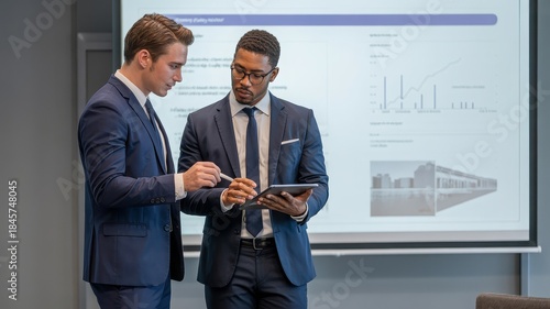 Two businessmen in suits discussing a presentation on a tablet in front of a projector screen.
