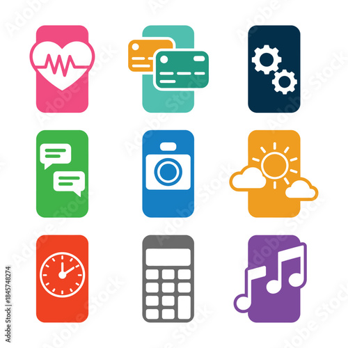 Smartphone user interaction and communication icon collection with calls messages location media flat vector illustration elements