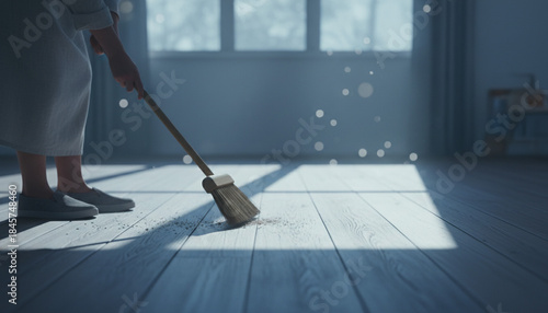 Wallpaper Mural 天然素材のほうきで木の床を掃く日本人の手元 丁寧な掃除 Torontodigital.ca