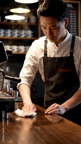 Barista cleaning wooden counter with cloth and apron near espresso machine in cozy cafe warm lighting focused attentive wiping surface