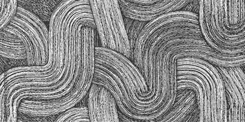 Abstract monochrome textured pattern of flowing curved lines and strokes in black and white vector