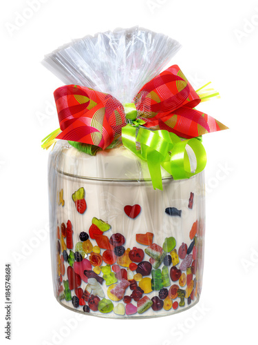 Isolated present with a can of sweets in a cellophane foil