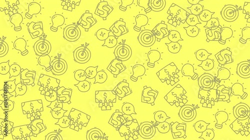 Seamless yellow background with animated business outline icons loop.