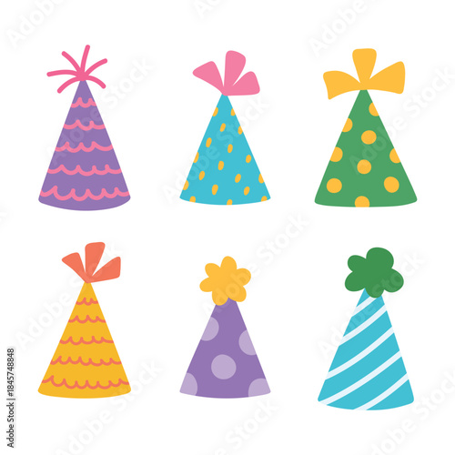 Hand Drawn Birthday & Christmas Party Hats Vector Set, Colorful Party Cones, Cute Doodle Illustration, Festive Celebration Accessories