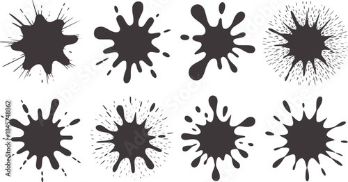 Eight dynamic black ink splatter shapes white