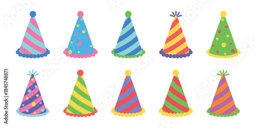 Colorful Party Hats and Christmas Caps for Birthday, Celebration, Festive Events, Holiday Parties, Anniversary, Gatherings, Joyful and Fun Party Accessories Illustration Vector Design