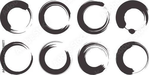 Eight hand drawn black ink ensō circles white handdrawn