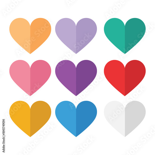 Heart shape color palette icon set with love emotion symbols, romantic decoration elements, modern flat vector illustration collection