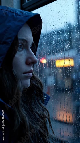 Young woman hooded jacket looking out rainy window with city lights reflecting softly, reflective pensive mood and soft blue urban evening light