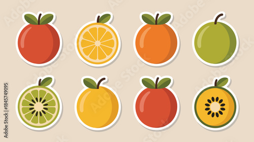 Vibrant fruit stickers with green leaves on beige