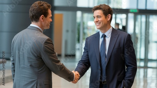 Two businessmen in suits shaking hands in a modern office building lobby.