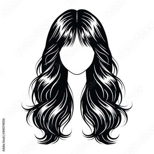An elegant black and white illustration of long wavy hair and a faceless head