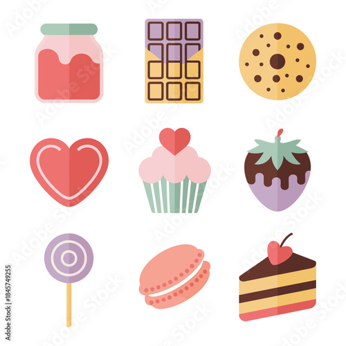 Cute bakery dessert icon set with cupcake donut chocolate heart lollipop macaroon cake elements flat vector illustration design