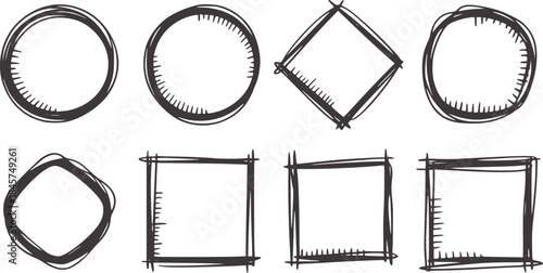 Hand drawn black geometric shapes with shading and texture variations