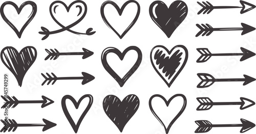 Hand drawn black hearts and arrows set handdrawn love