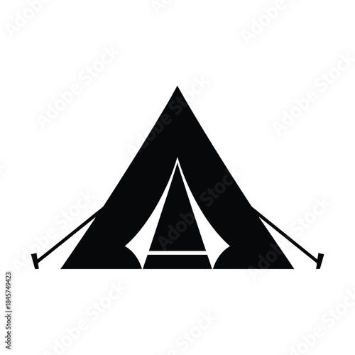 Simple black and white illustration of a triangular camping tent design