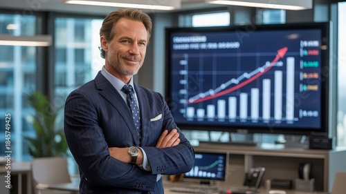 A confident businessman in a suit stands with his arms crossed in front of a large screen displaying a rising stock market graph.