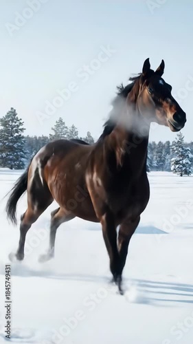 Brown horse gallop winter snow forest mane hoofprint trot brown horse galloping snowy field with pine tree forest and visible breath dynamic winter