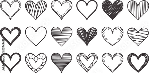 Handdrawn Black and White Hearts Collection Style love