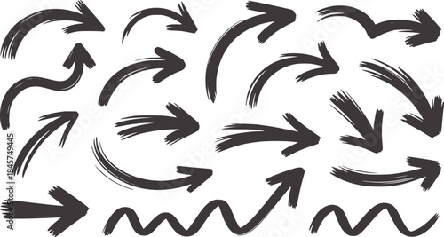 Handdrawn black brush arrows in dynamic styles and directions