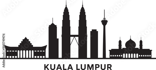 Kuala Lumpur city skyline silhouette panorama black and white outline icon travel landscape