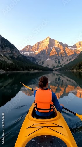 Kayaker wearing orange life jacket paddling yellow kayak calm mountain lake sunrise with dramatic rock peaks reflected water paddle life reflection