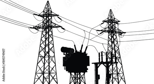 Silhouette high voltage power transmission towers, electrical transformer station, energy distribution grid, industrial electricity infrastructure vector illustration