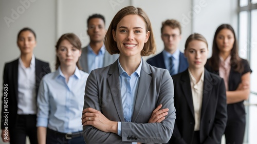 A diverse group of professionals stands confidently in a modern office setting, led by a smiling woman in the foreground.