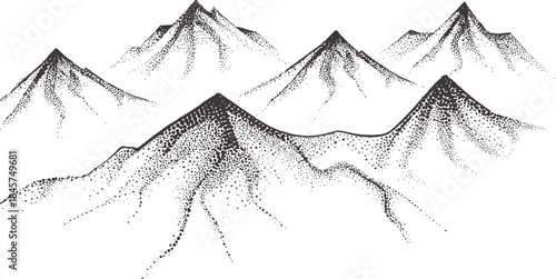 Monochrome dotwork mountain range in black and white