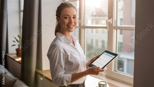A smiling woman in a white shirt holds a tablet while standing by a window with sunlight streaming in.
