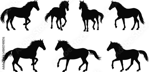 Silhouette illustration of horses in various running and walking poses, black horse vector set isolated on white background for equestrian, wild animal, nature themes