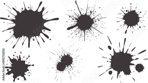 Six dynamic black ink splatter shapes white