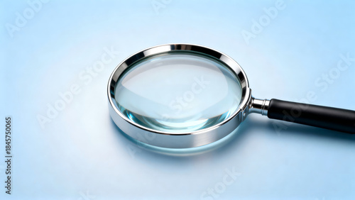Close up of a magnifying glass on a light blue surface.