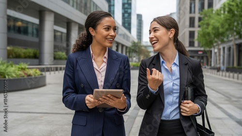 Two smiling businesswomen in suits walking and talking outside an office building with a tablet.