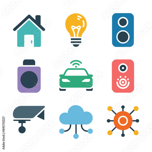 Connected home and vehicle technology icon set with cloud sensor camera speaker automation, modern flat vector illustration design