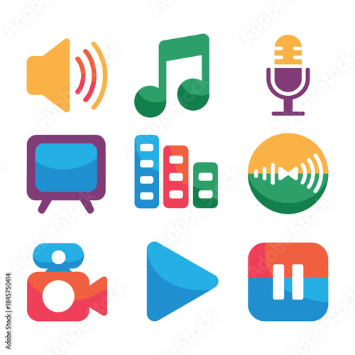 Media player and audio control icon set with speaker music microphone video buttons flat vector illustration collection design