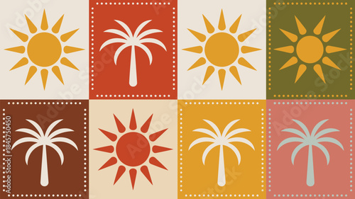 Vibrant tropical patterns with palm trees and sunny motifs
