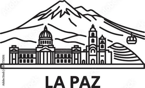 La paz bolivia skyline flat line style with famous buildings city line art vector illustration