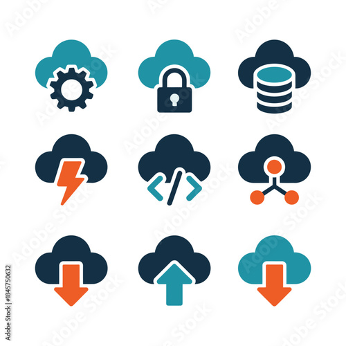 Cloud technology and data management icon collection with code storage sync power symbols flat vector illustration set design