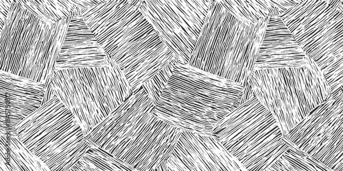 Black and white abstract geometric pattern with textured lines and sharp edges creating a mosaic effect