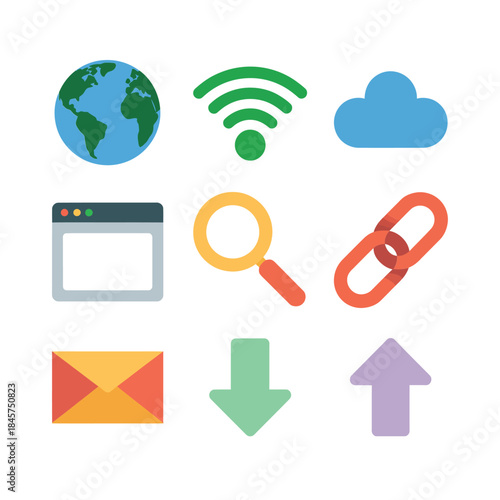Internet connectivity and online interface icon collection with browser email cloud wifi download upload symbols flat vector illustration