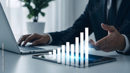 Businessman analyzing data on laptop and smartphone