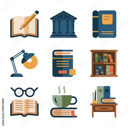 Scholar workspace and learning environment icon set with books glasses coffee desk symbols, academic flat vector illustration collection
